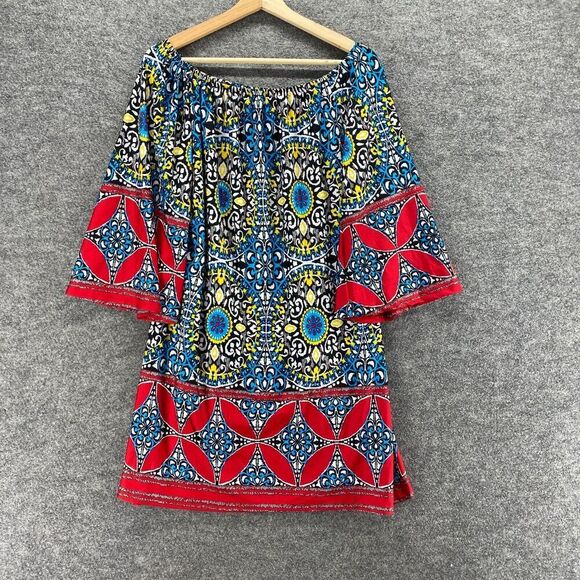 5/$45 Lapogee Dress Women M Medium Blue Geometric Shift Short 3/4 Sleeve - Picture 1 of 9